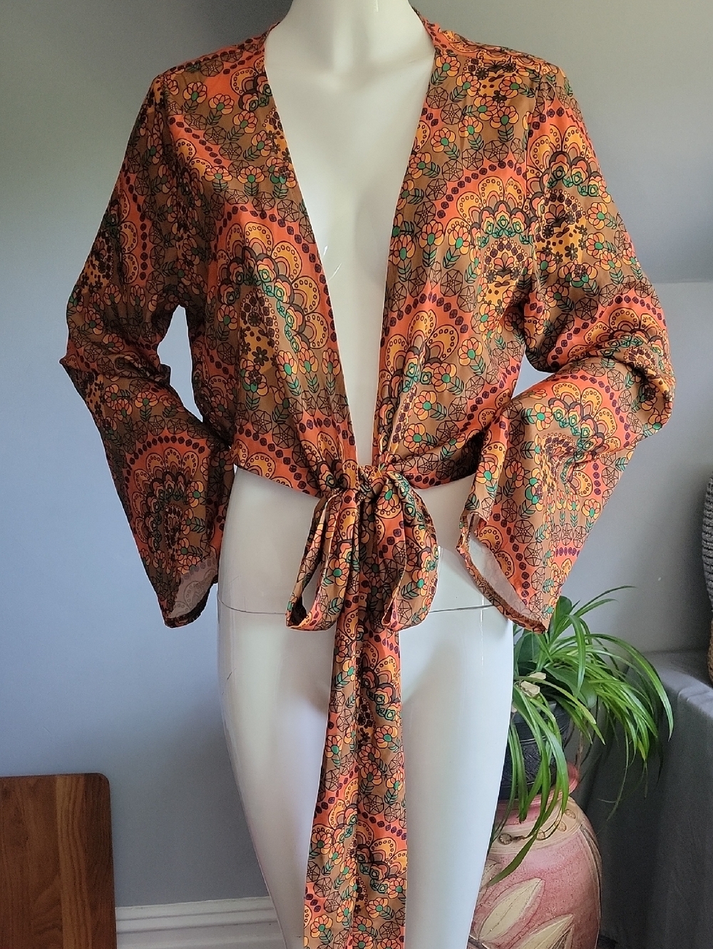 Rust Shein Paisley Boho Tie-Front Kimono Top Bell Sleeves, Size Large